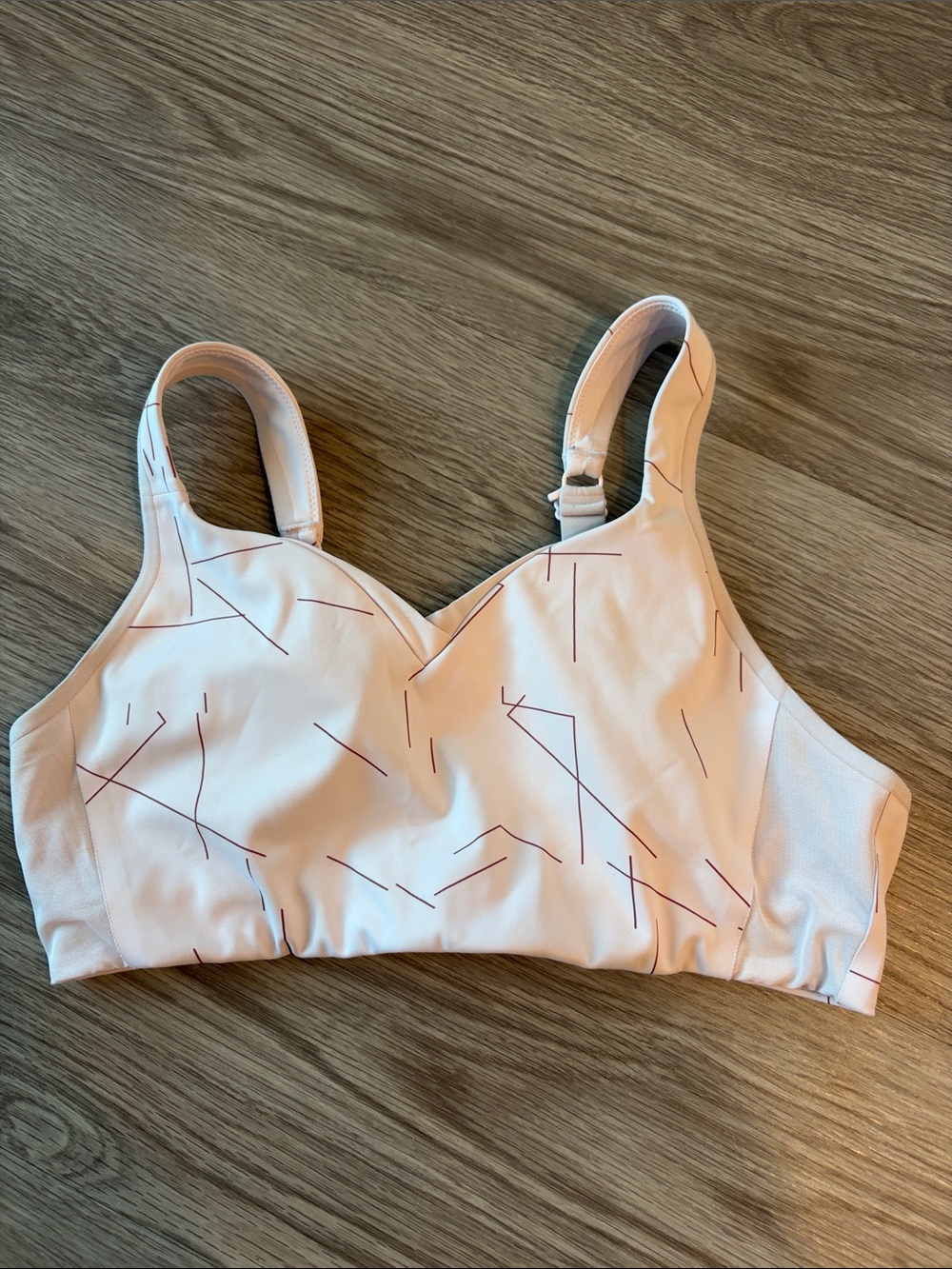 Brooks Pale Pink Sports Bra with Thin Maroon Lines